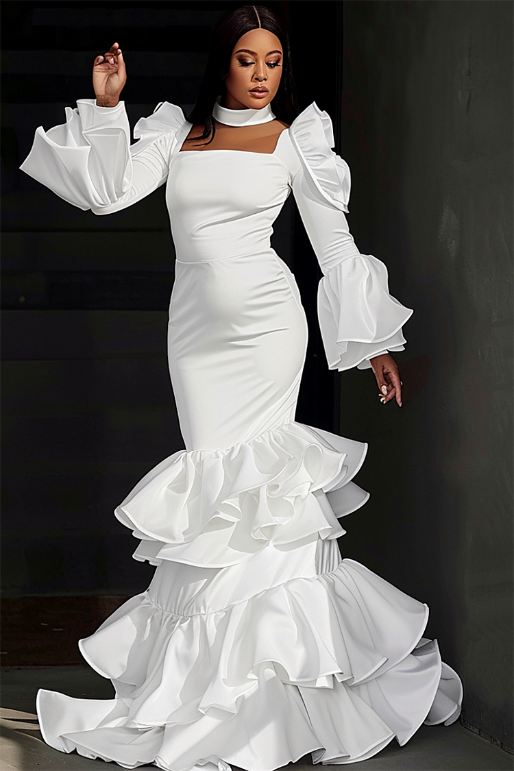 Xpluswear Design Plus Size Wedding White Halter Collar Long Sleeve Ruffle Tiered Maxi Dresses [Pre-Order]
