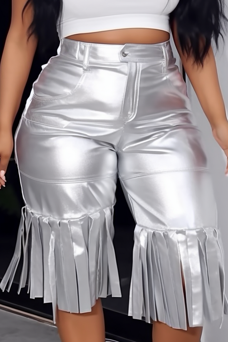 Plus Size Daily Pant Silver Hight Waist Glitter Sheen Fringe Shorts