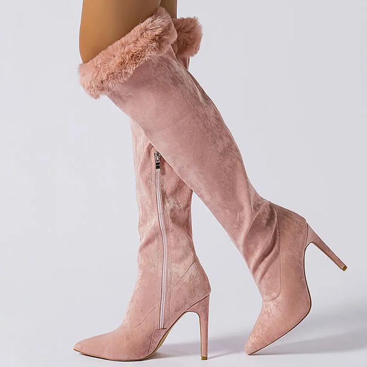 Light Pink Pointed Toe Velvet Furry Knee High Boots Stiletto Heels Vdcoo
