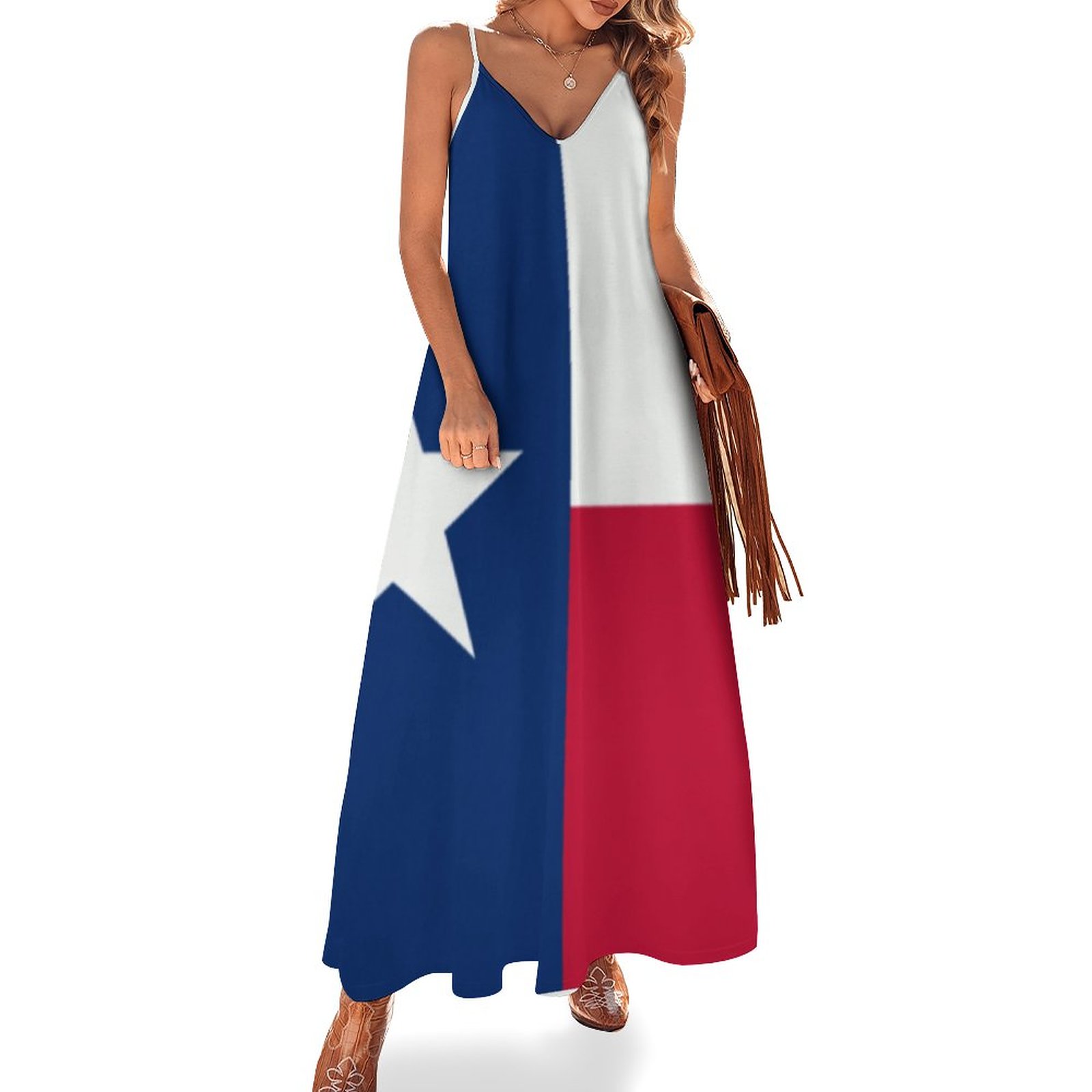 Texas Flag Women's Casual Strappy V Neck Sleeveless Flowy Loose Long Maxi  Beach Dress Sundress