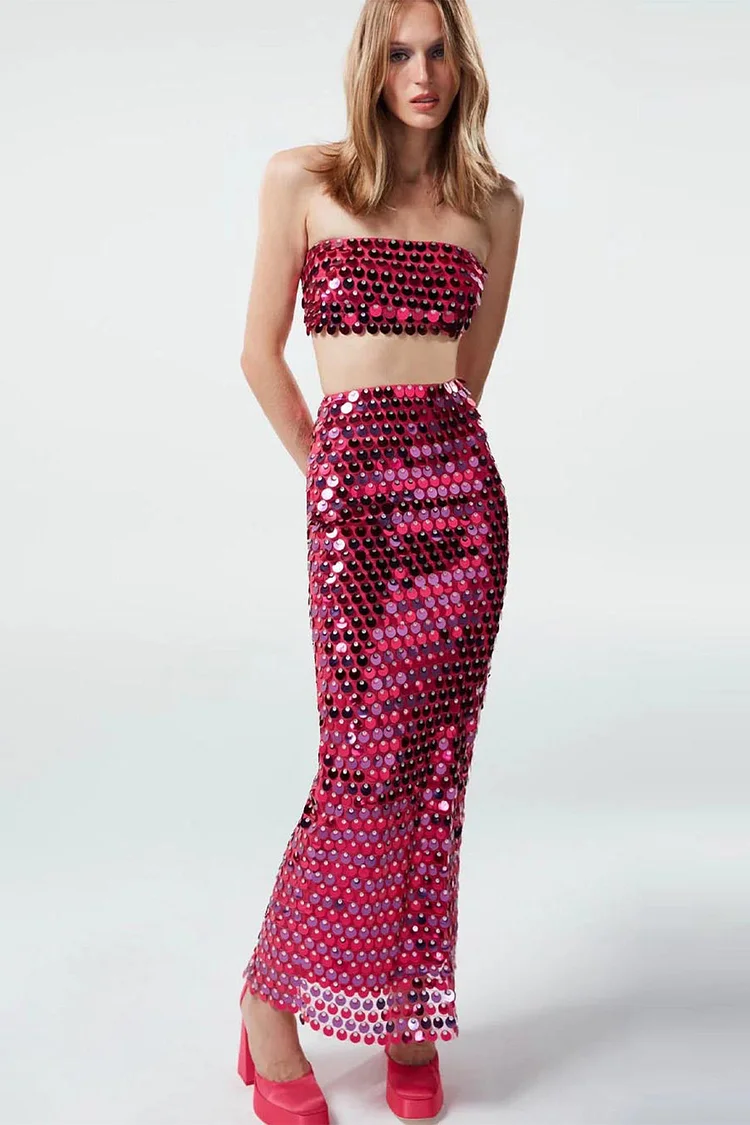 Sequin Tube Top Two Piece Skirt Set-Rose Red