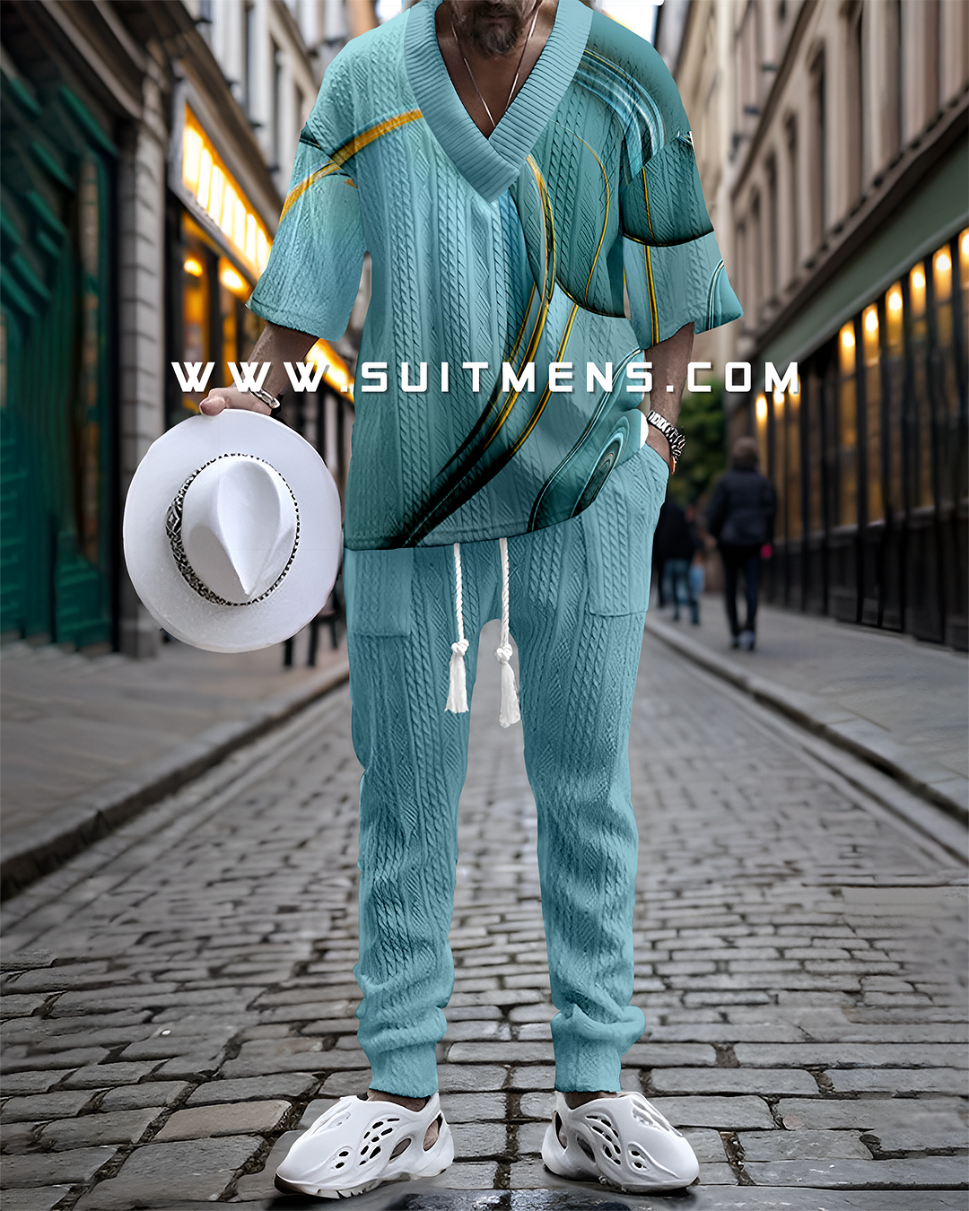 Men's V-neck luxury gradient textured print trouser Set 004