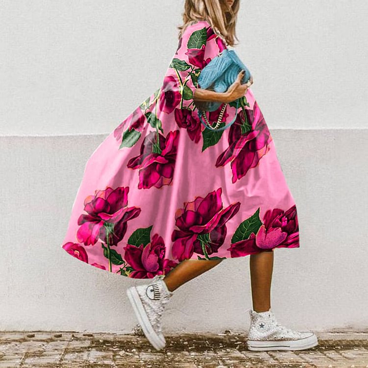 VChics Rose Printed Vacation Big Hem 3/4 Sleeve Midi Dress