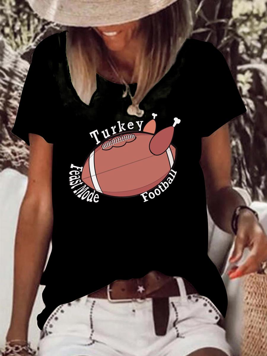 Feast Mode Turkey Football Raw Hem Tee-Guru-buzz