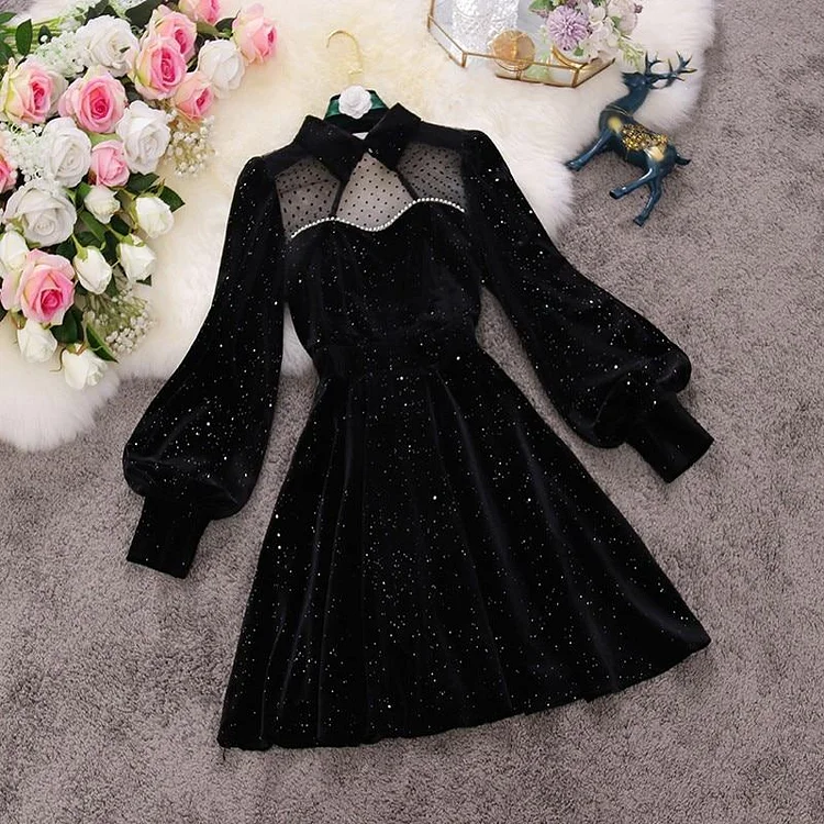 Starry Night Navy Blue Long Sleeve Princess Party Dress SP16338
