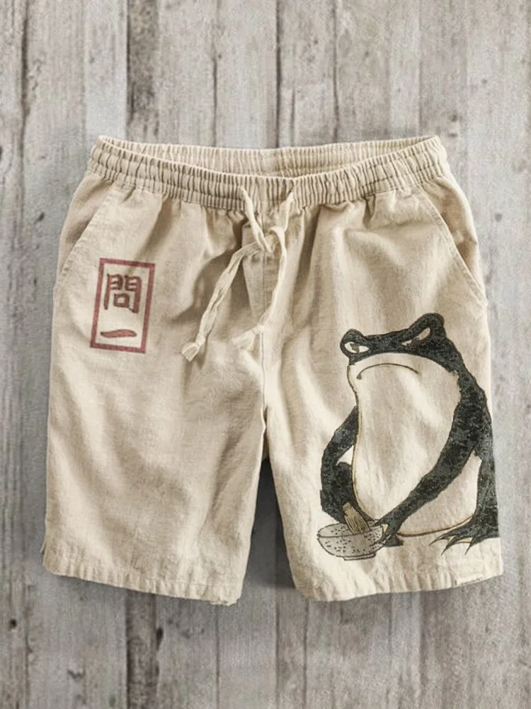 Comstylish Japanese Art Angry Frog Print Linen Shorts