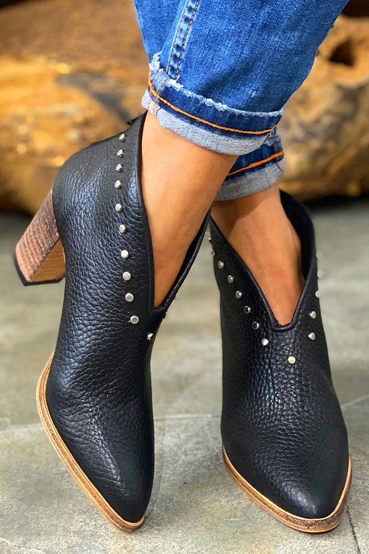 Beaded V Cut Black Pointed Toe Chunky Heels Boots