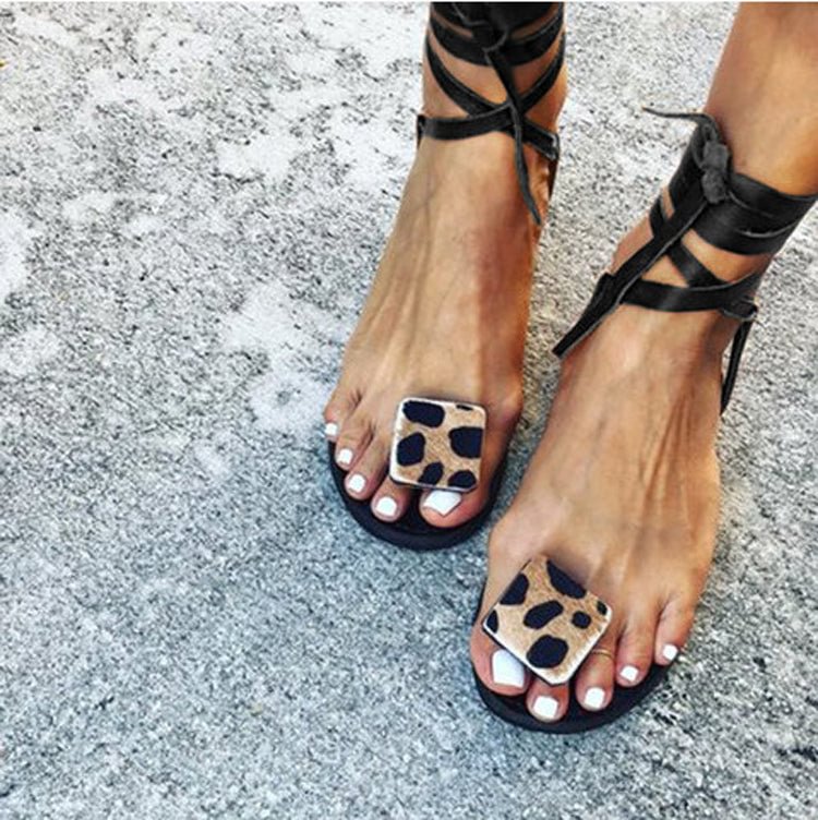 2022 Women Summer Flat Sandals Sexy Leopard Print Handmade Open Toe Sandals Flip-Flops Plus Size Ankle Strap Casual Flat With - BlackFridayBuys