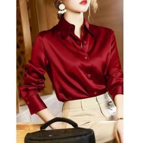 Fashion Women's Satin Silk Shirt Tops Long Sleeve Lapel Collar Solid Color Casual Blouse Plus Size Blusas - Shop Trendy Women's Clothing | LoverChic