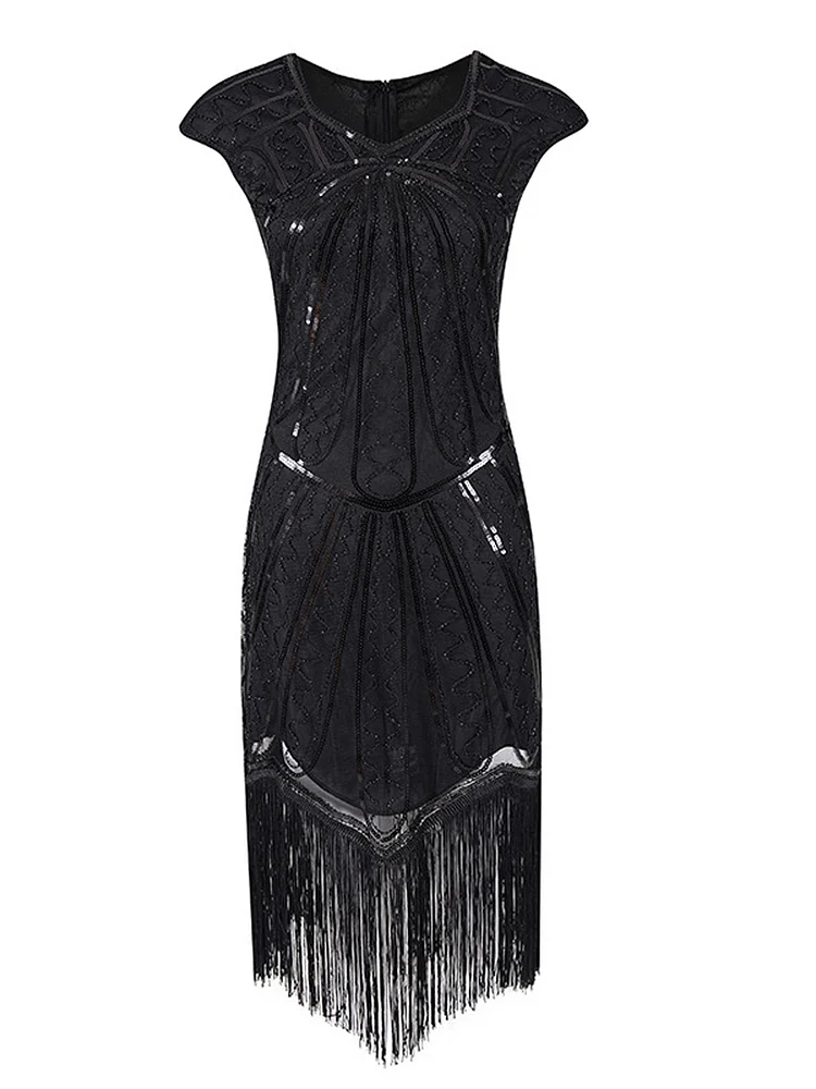 Retro Solid Sequin Back Zipper Fringe Hem Midi Dresses