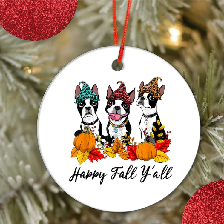 Boston Terrier Dog Ornament Happy Fall Y'all Halloween Home Decor