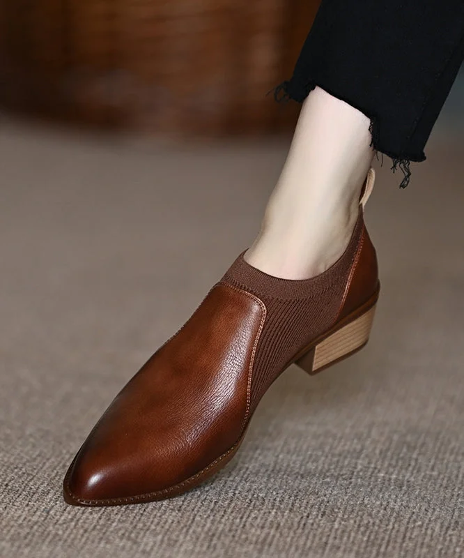 Cowhide Leather Splicing Brown Penny Loafers Pointed Toe