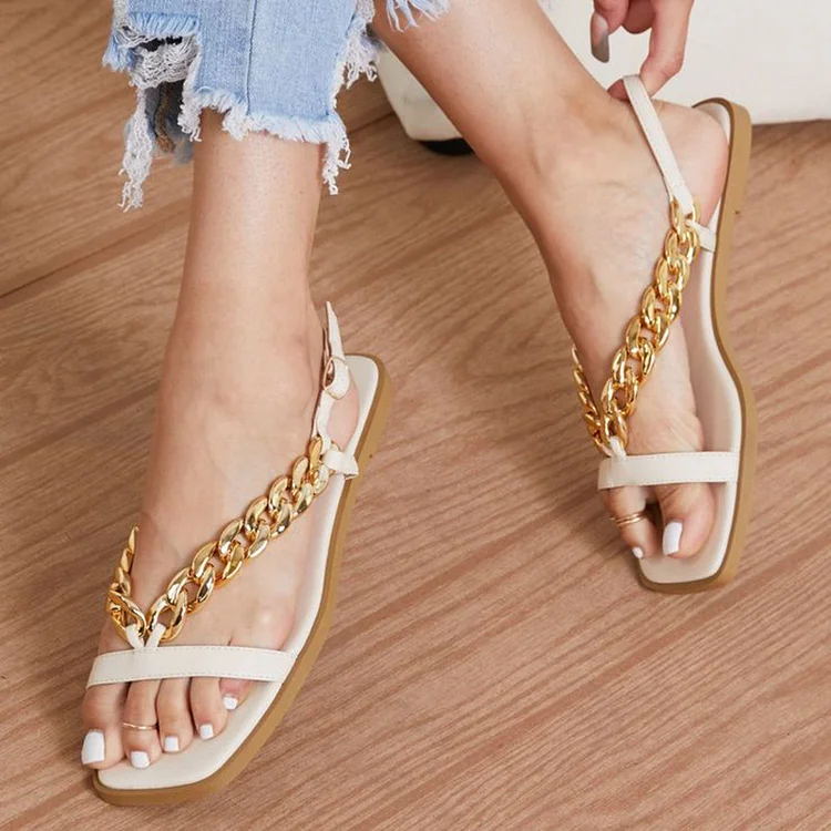 Beige Square Toe Summer Sandals Metal Chain Strap Slingback Flats |FSJ Shoes