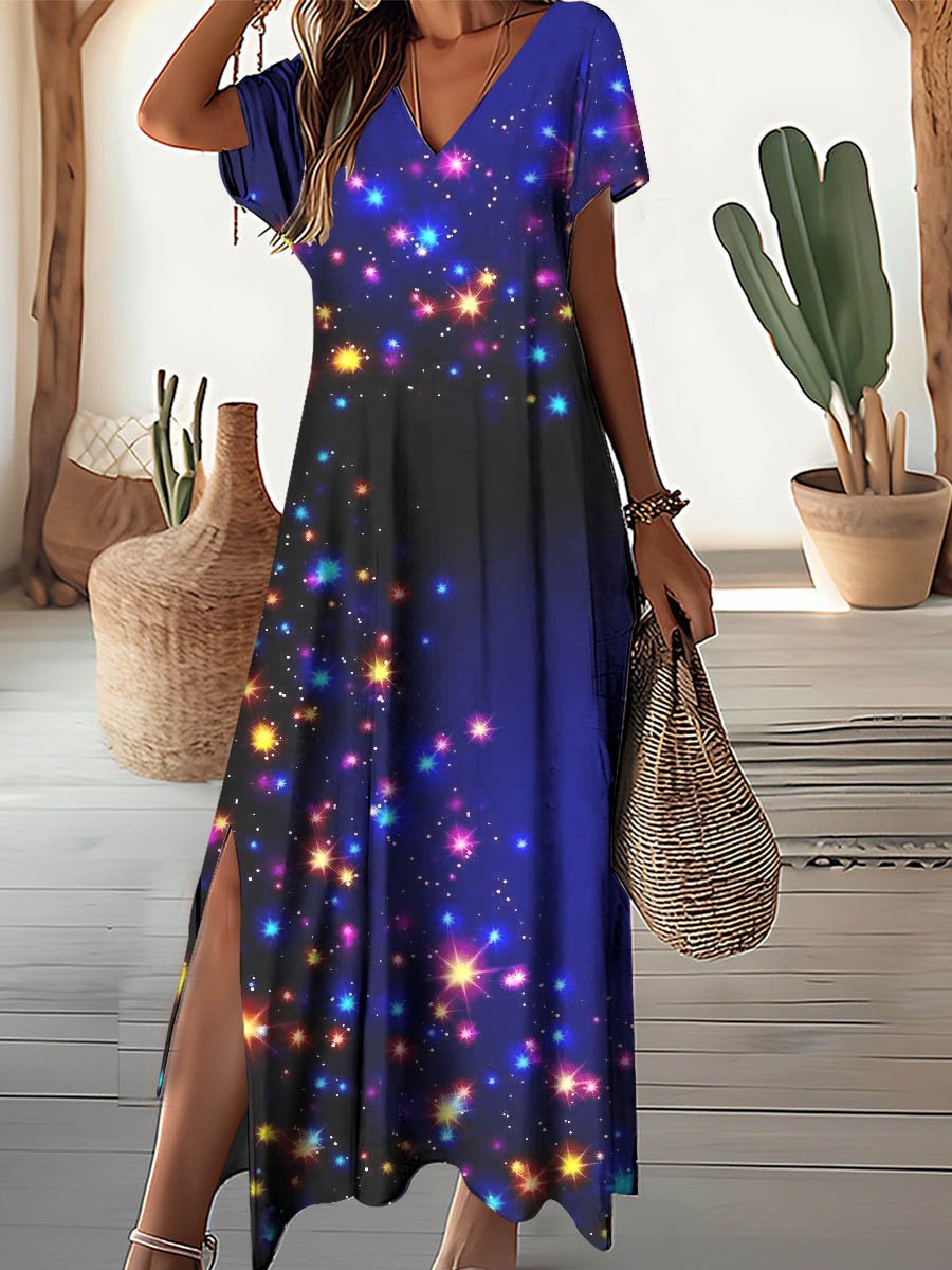Women's Starlight Sparkling Pattern Resort V-Neck Dress