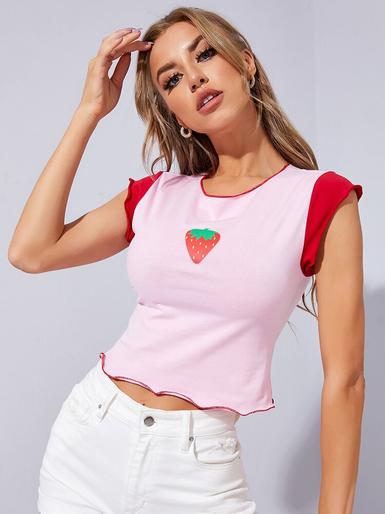 Strawberry Graphic Cap Sleeve Contrast Color Lettuce Trim T-shirt
