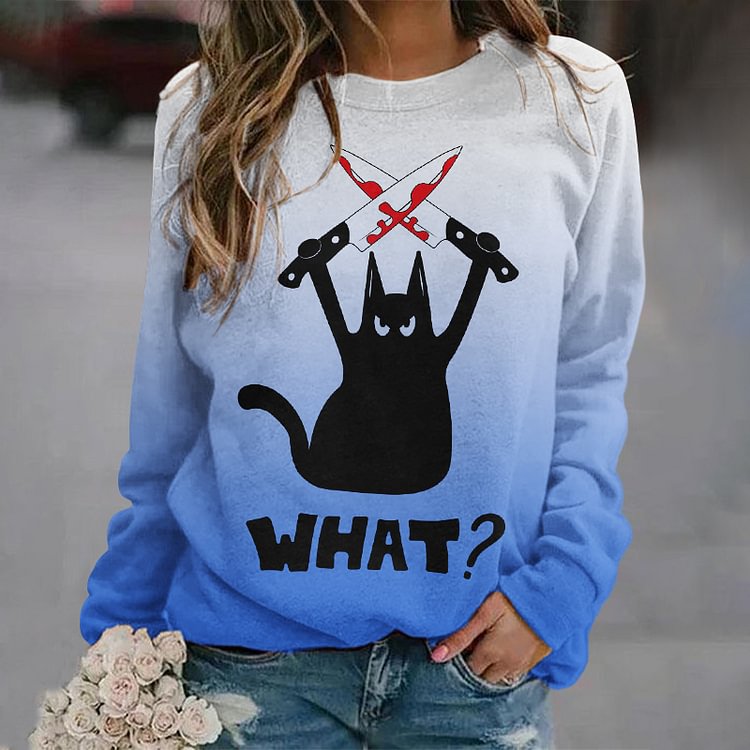 Crew Neck Blue Gradient Spoof Cat Sweatshirt