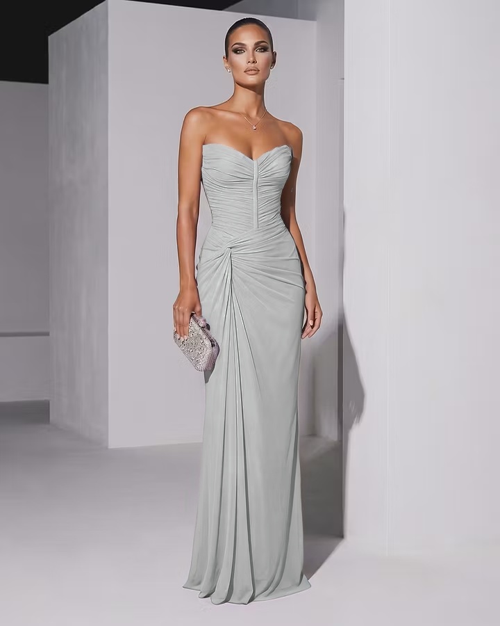 Daisda Elegant Sleeveless Sweetheart Pleated Strapless Long Evening Dress