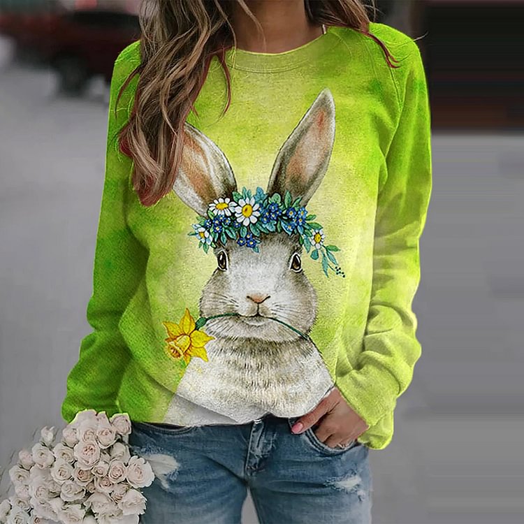 Comstylish Rabbit Print Casual Round Neck Long Sleeve Sweatshirt