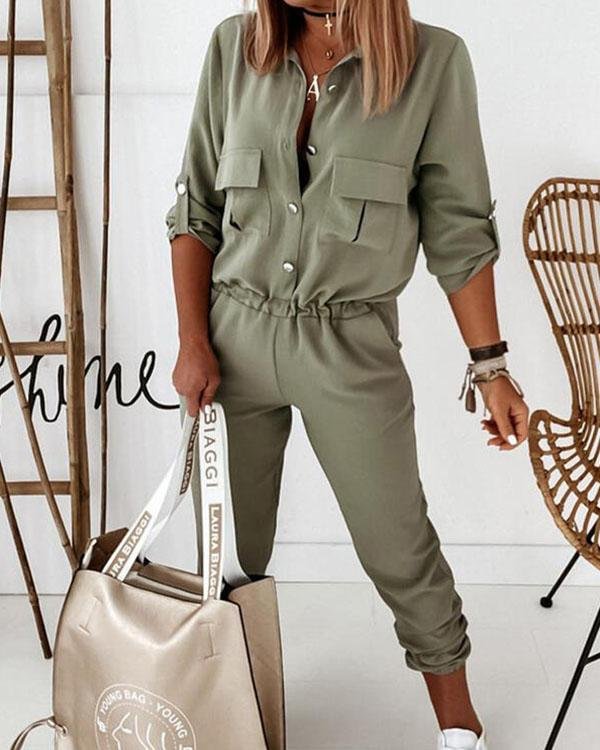 Shirt Collar Half-Sleeved Single-Breasted Pockets Cargo Jumpsuit - Chicaggo