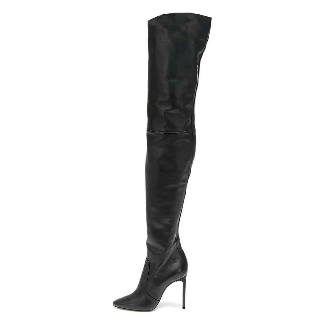Classic Black Pointed Toe Stiletto Heel Thigh High Boots Nicepairs