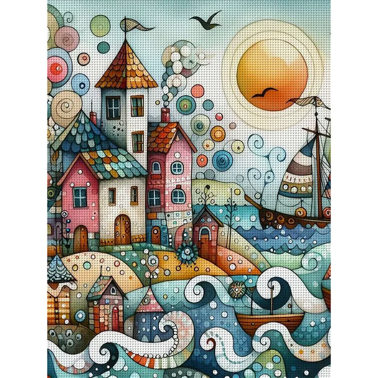 【Yishu Brand】Colorful House Seaside Town 11CT Stamped Cross Stitch 45*60CM