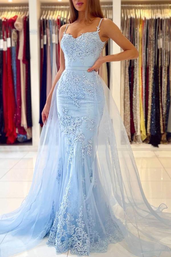 Bellasprom Sky Blue Lace Prom Dress Mermaid Long Evening Gowns Spaghetti-Straps Bellasprom