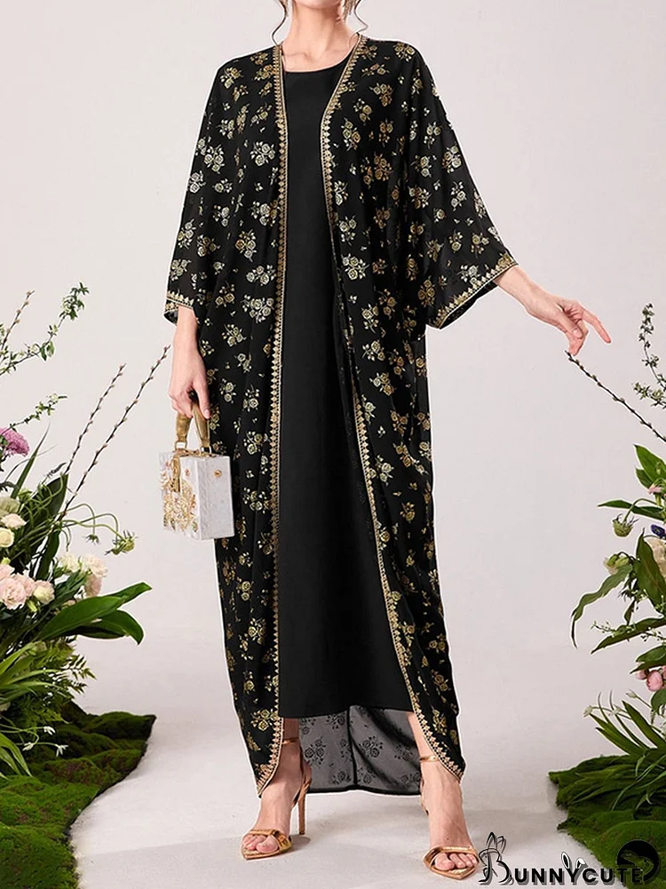 Muslim High Waisted Round-Neck Inner Dress + Flower Print Gauze Batwing Sleeves Outerwear Two Pieces Set