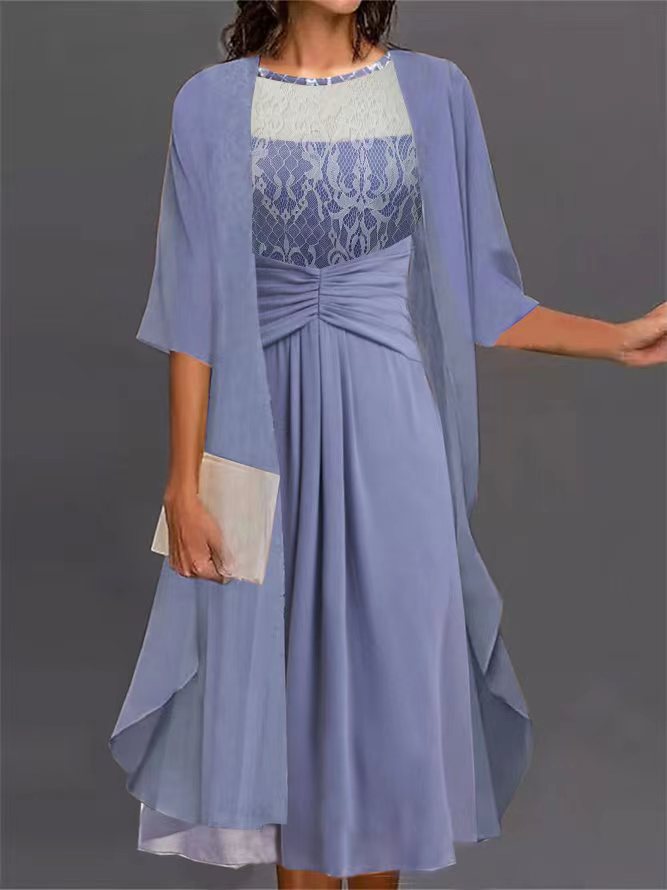 Women Half Sleeve Scoop Neck Lace Two-Piece Midi Dress