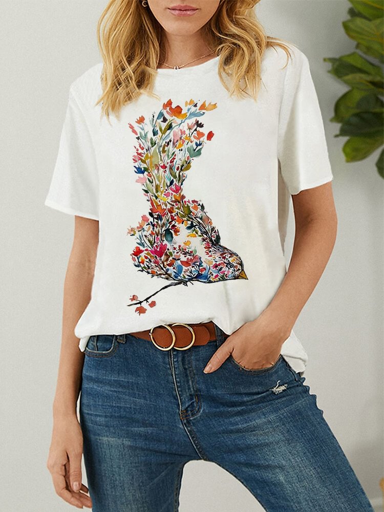 Bird Floral Print Short Sleeve Women O neck T Shirt P1847687