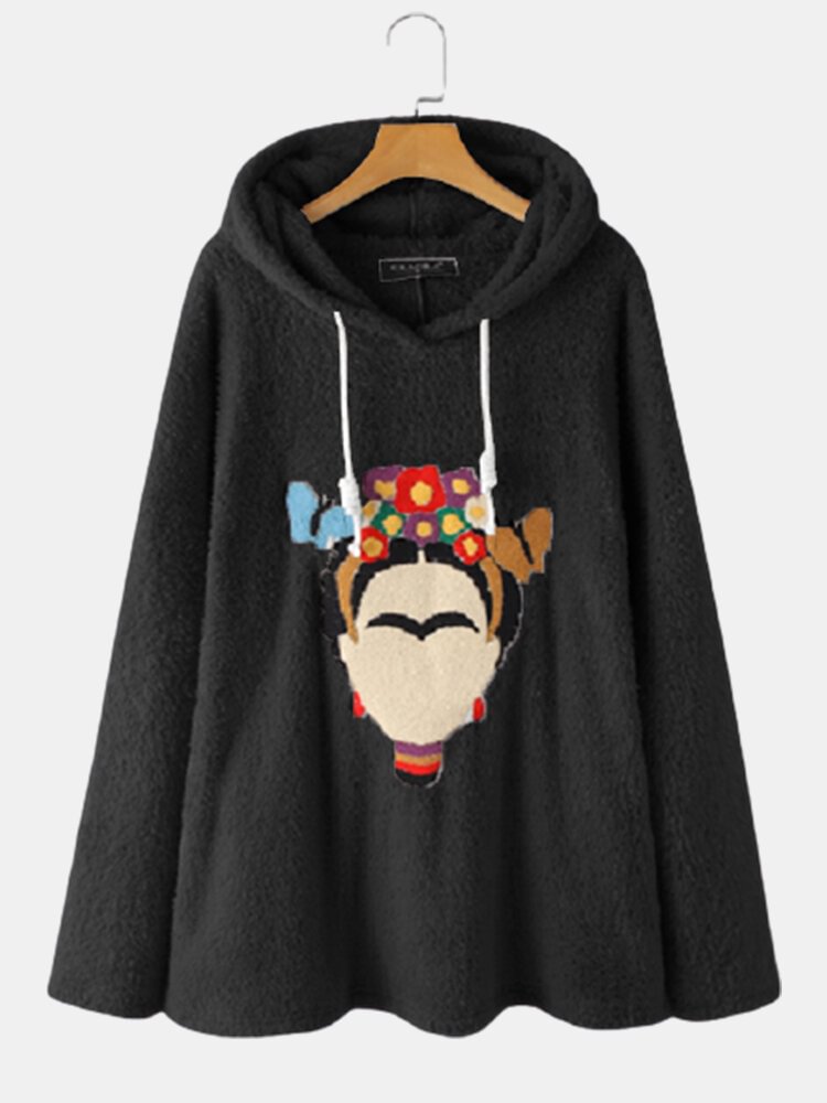 Vintage Portrait Printed Plush Long Sleeve Fluffy Hoodie For Women - BlackFridayBuys