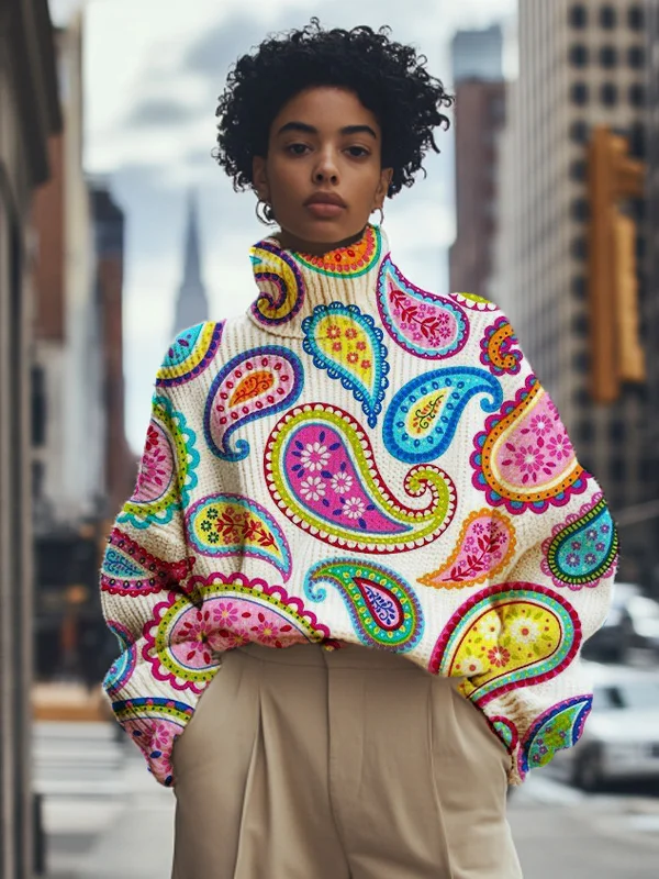 Women's Flower Paisley Pattern Print High Neck Knit Sweatshirt
