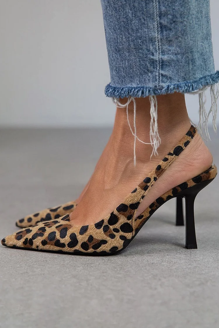 Pointed Toe Leopard Print Slingback Khaki Stiletto Heels