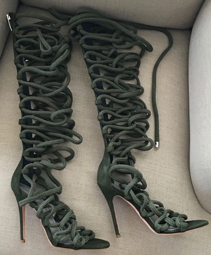 GOOSHOE Strap Thin High Heels Knee High Boots Thigh Boots Hollow Sandals Boots