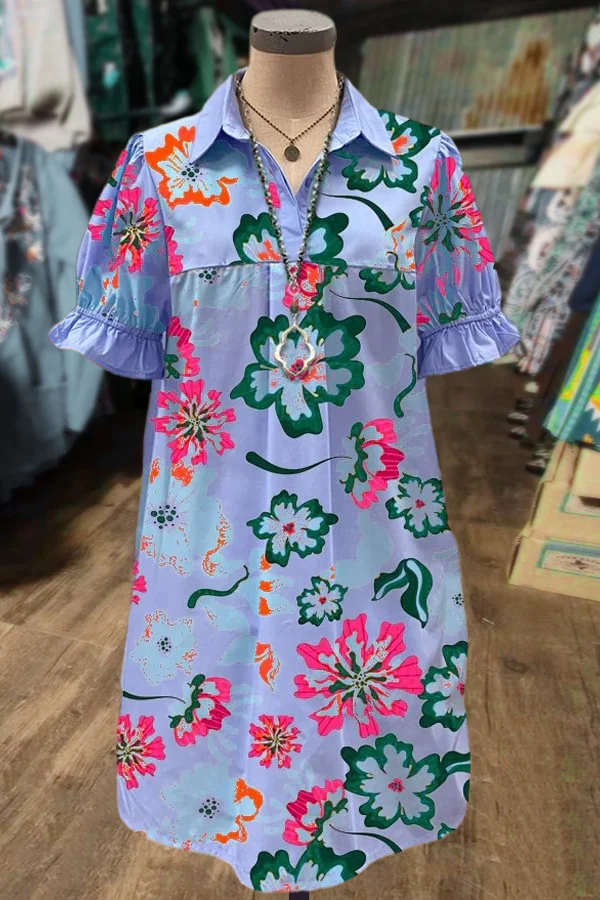 Floral Print Ruffle Sleeve Shirt Midi Dress