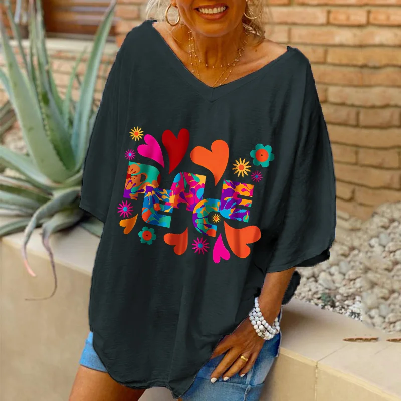 V-neck Heart-shaped Print Hippies Ladies T-shirt
