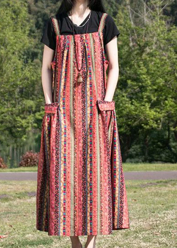 Casual Red Slash Neck Maxi Striped Patchwork Spaghetti Dress Summer