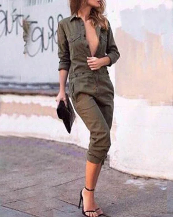 army green fashion lapel jumpsuit p361519