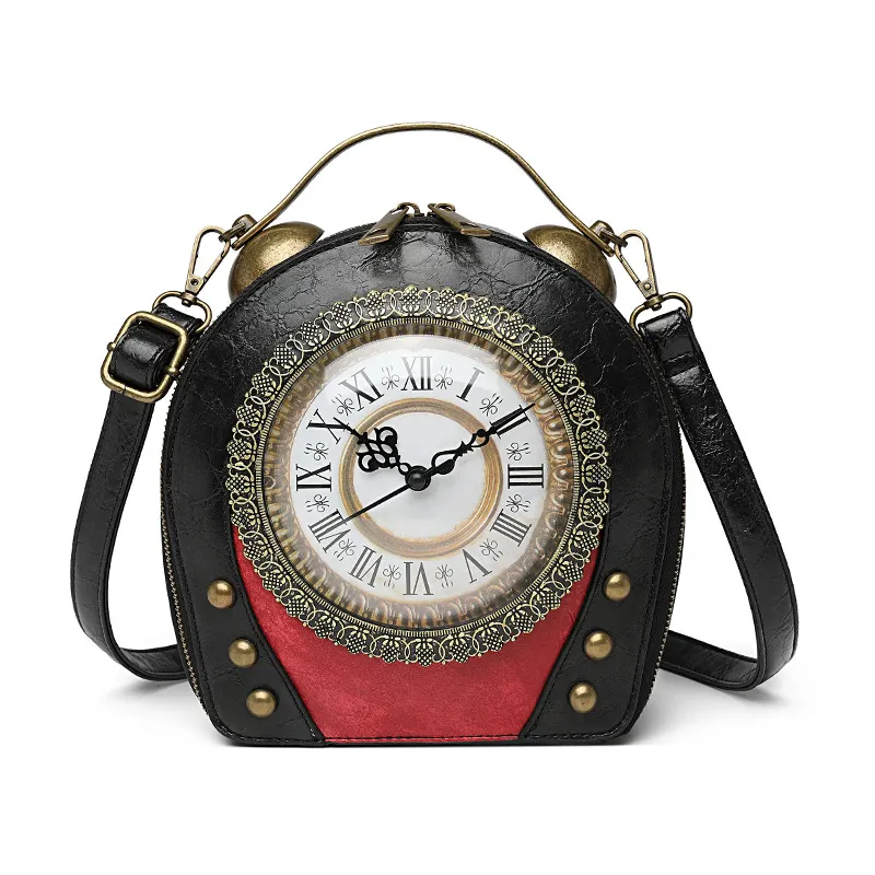 Vintage Real Working Clock Shoulder Bag, Steampunk Creative Novelty Round PU Leather Crossbody Handbag-MERUMOTE
