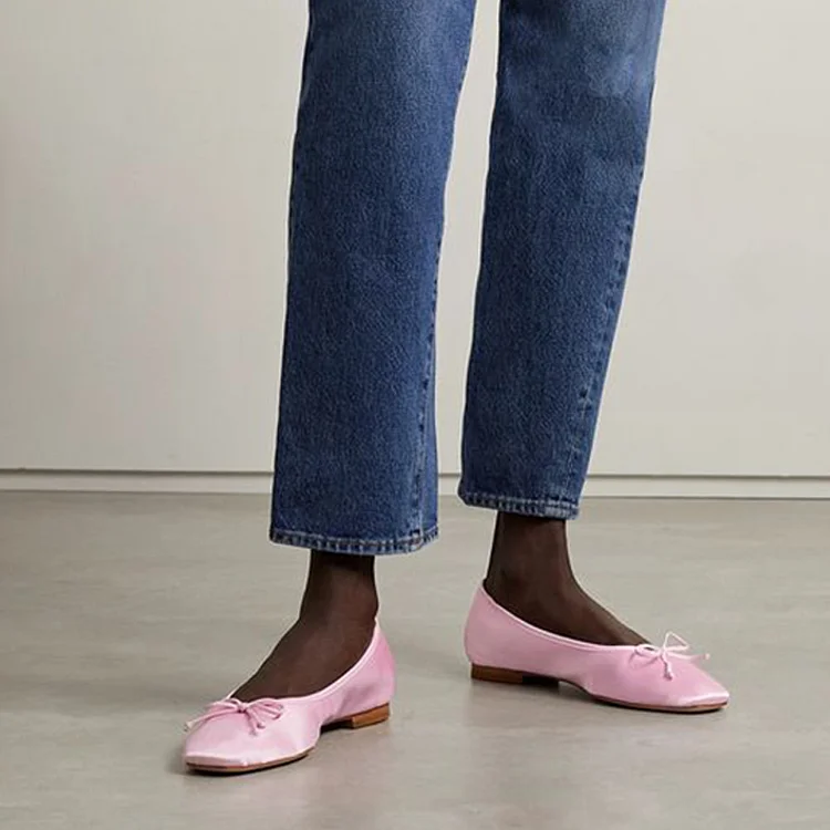 Women'S Pink Flat Bow Shoes Classic Square Toe Satin Pump Summer Cute Flats |FSJ Shoes