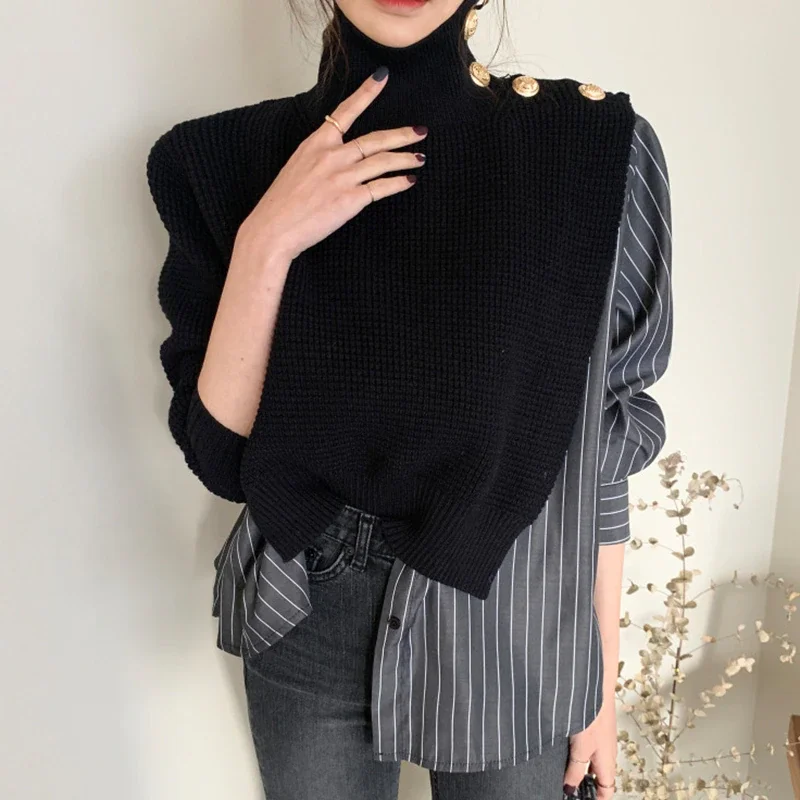 Woherb Side Button Fake Two Piece Shirt Patchwork Puff Sleeve Turtleneck Blue Stripe Sweater Sueter Jumper Knit Top Casual Clothes