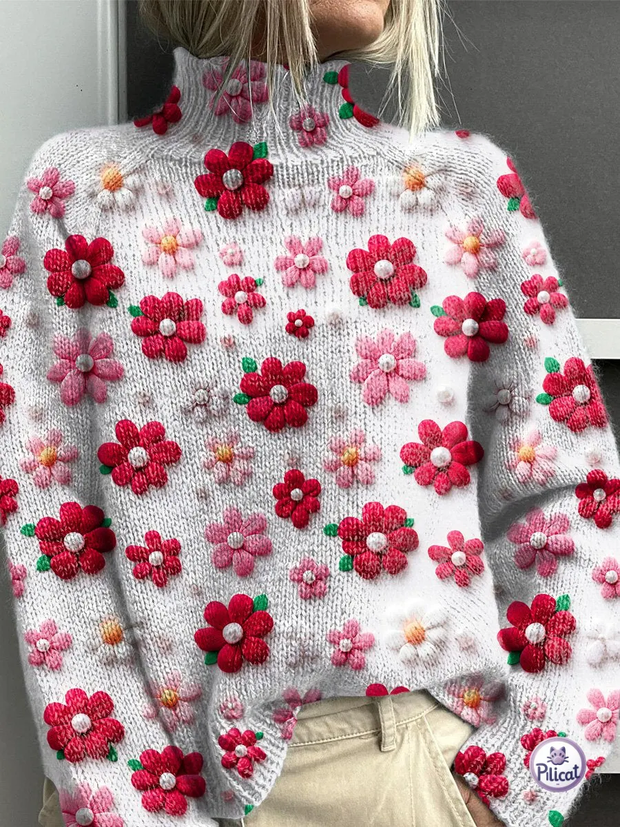 Lovely 3D Floral Pattern Printed Knit Turtleneck Pullover Sweater