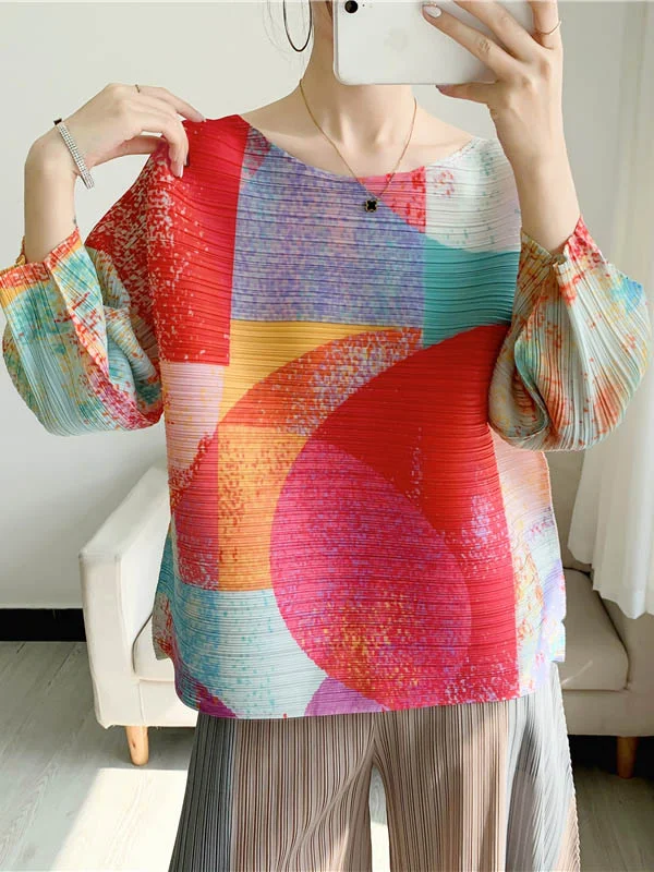 Original Three-Quarter Sleeves Roomy Contrast Color Pleated Round-Neck T-Shirts Tops