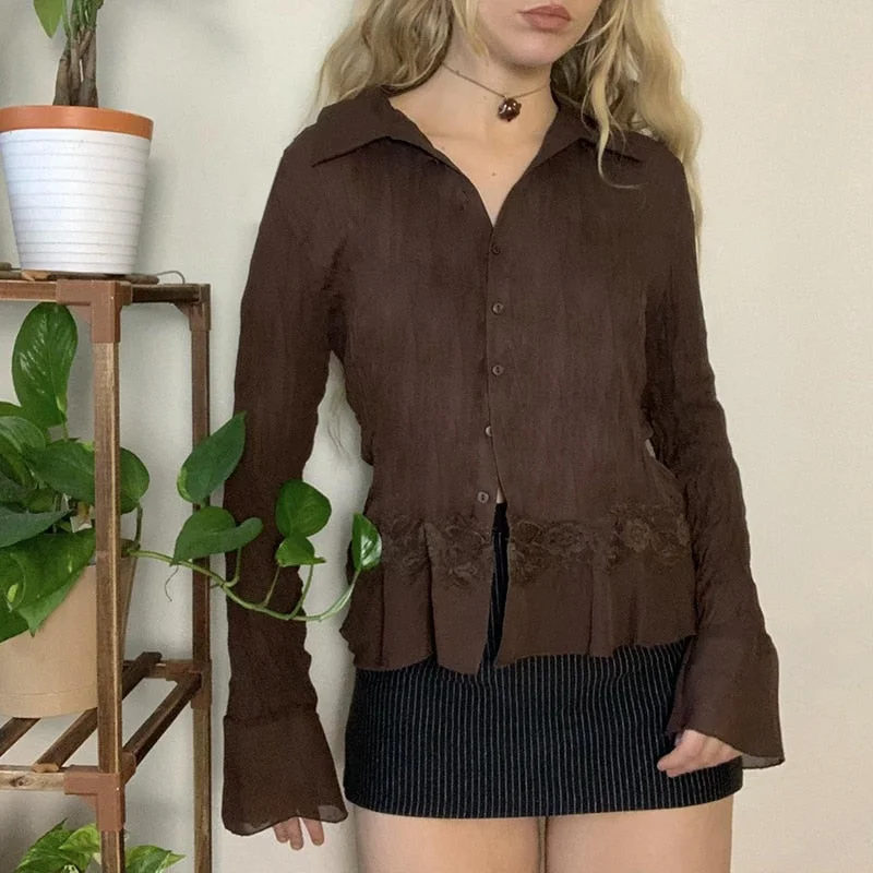 Graduation Gifts  Y2K Fairycore Vintage Brown Shirt Autumn Blouse Pleated Lace Foral Womens Shirt Flare Sleeve Tops Aesthetic 90s Blusa