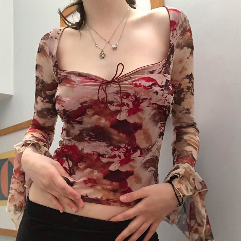 Vintage Floral Print Lace Up Tie-dye Mesh Slim Top