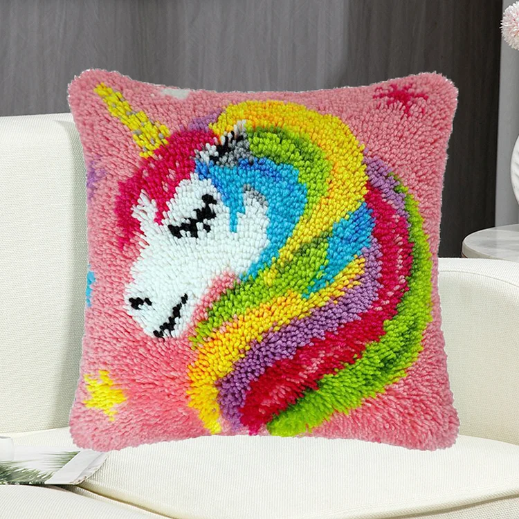 Rainbow Unicorn Pillowcase Latch Hook Kit for Adult, Beginner and Kid veirousa