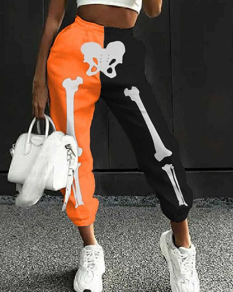 Colorblock & Skull Print High Waist Slant Pocket Sports Pants For Women - Shop Trendy Women's Clothing | LoverChic