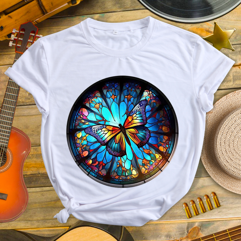 Colorful Butterfly Pattern Neck T-shirt-Guru-buzz