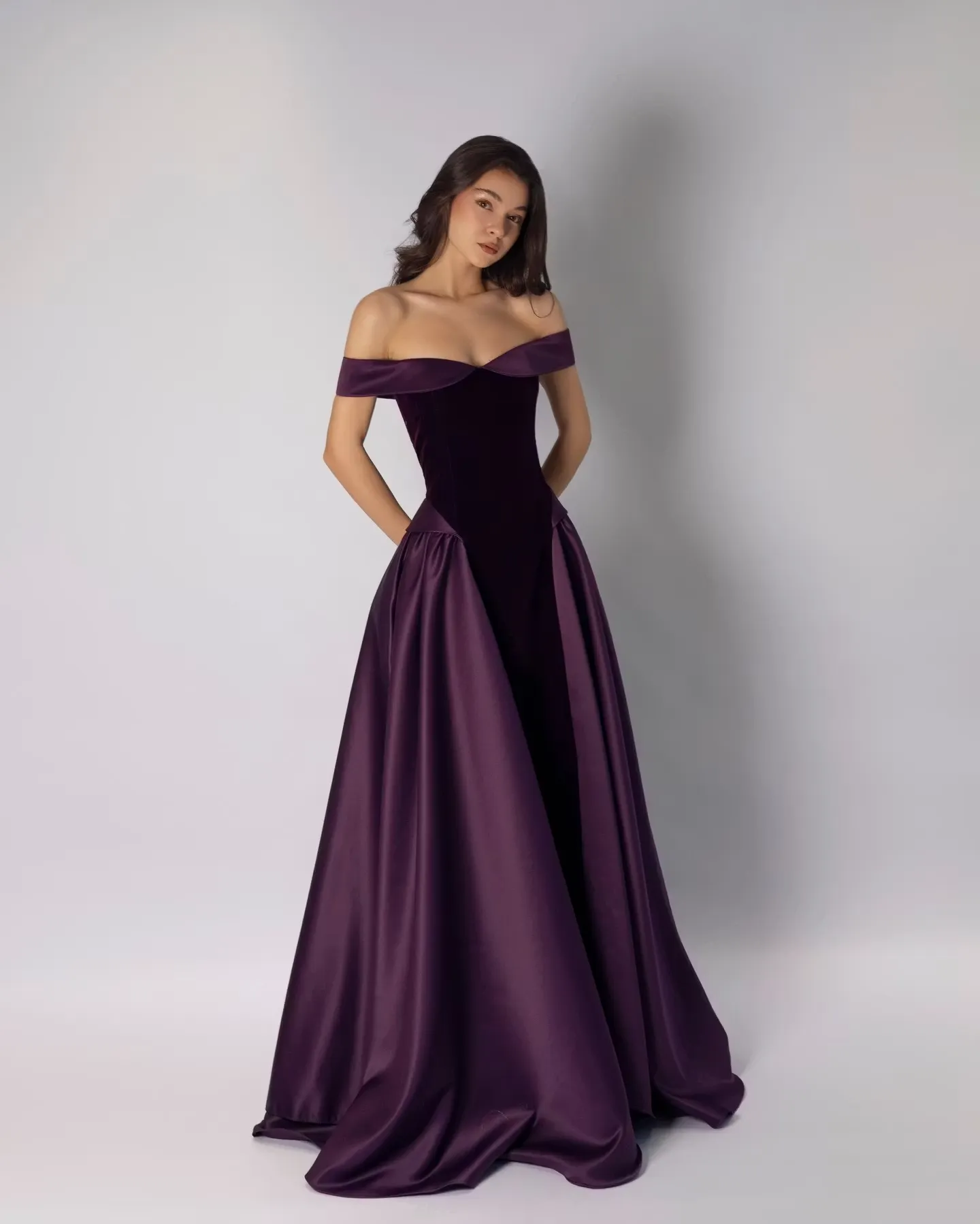 Lussooy Elegant Grape Satin Burgundy Off the Shoulder Pleated A Line Long Prom Dress