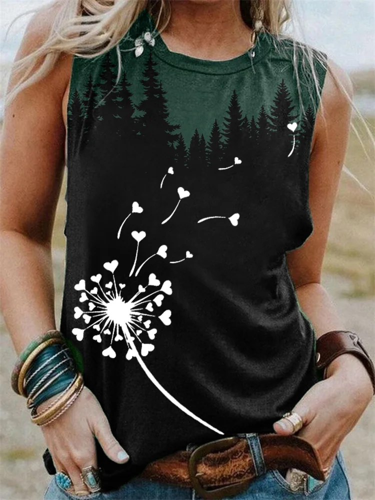 Dandelion Print Dark Forest Tank Top