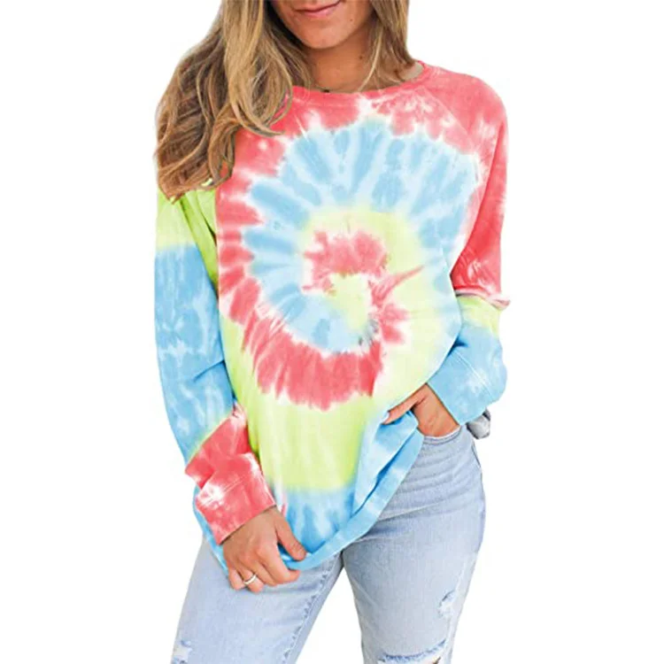 Women's Loose Sweater Pullover Top Tie Dye Printing Round Neck Long Sleeve